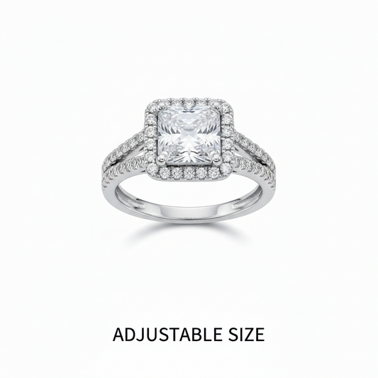 Mrinmayi Alloy Silver-Plated Halo Princess Cut CZ Adjustable Ring