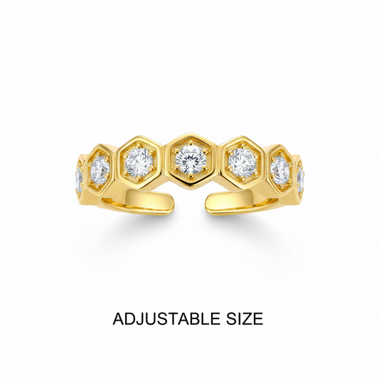 Mrinmayi Gold-Plated Hexagon CZ Adjustable Ring for Women