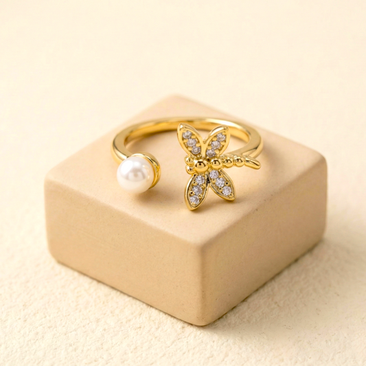 Mrinmayi Gold-Plated Pearl & Butterfly CZ Adjustable Ring for Women