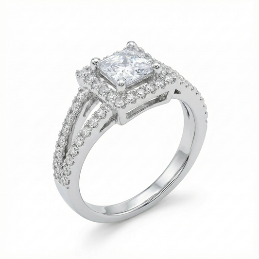 Mrinmayi Alloy Silver-Plated Halo Princess Cut CZ Adjustable Ring