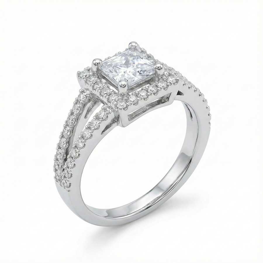 Mrinmayi Alloy Silver-Plated Halo Princess Cut CZ Adjustable Ring