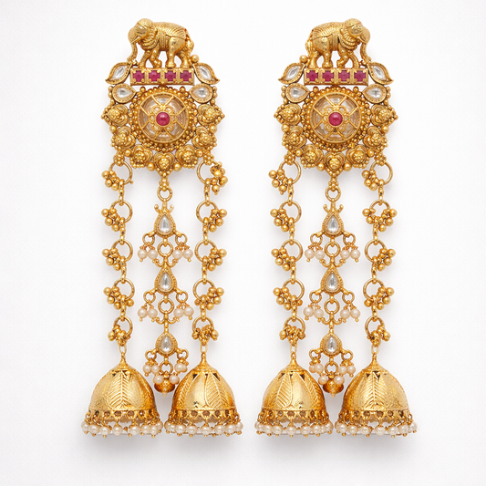 Mrinmayi Royal Elephant Temple Gold Plated Long Jhumka Earrings for Women