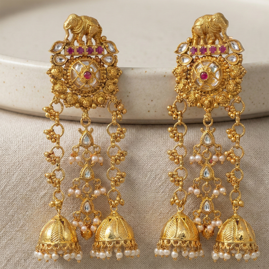 Mrinmayi Royal Elephant Temple Gold Plated Long Jhumka Earrings for Women