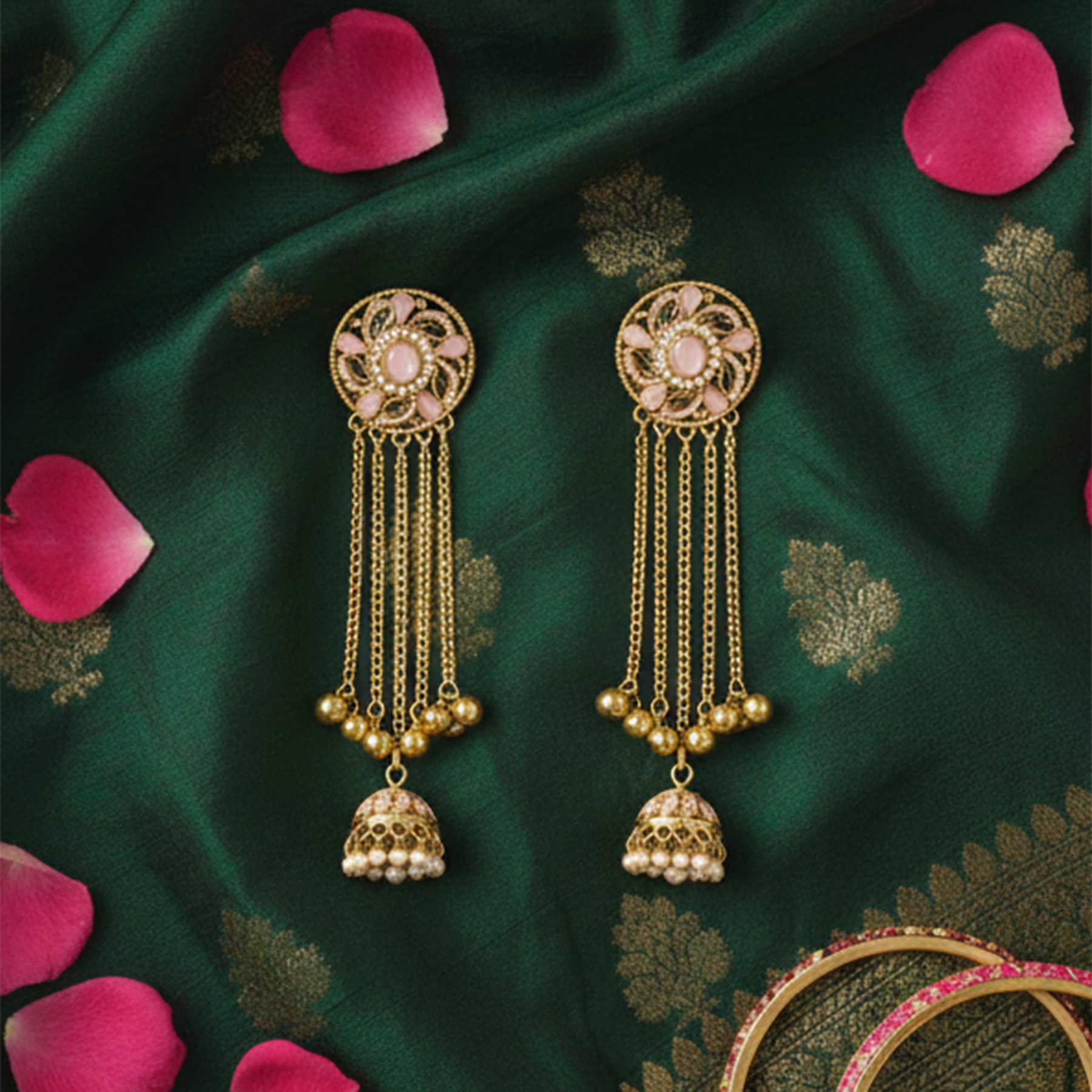Mrinmayi Gold Plated Pink Stone Long Jhumka Earrings for Women