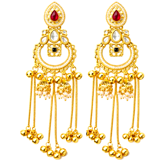 Mrinmayi Gold Plated Kundan Chandbali Long Earrings for Women with Red Stone & Pearl Tassels