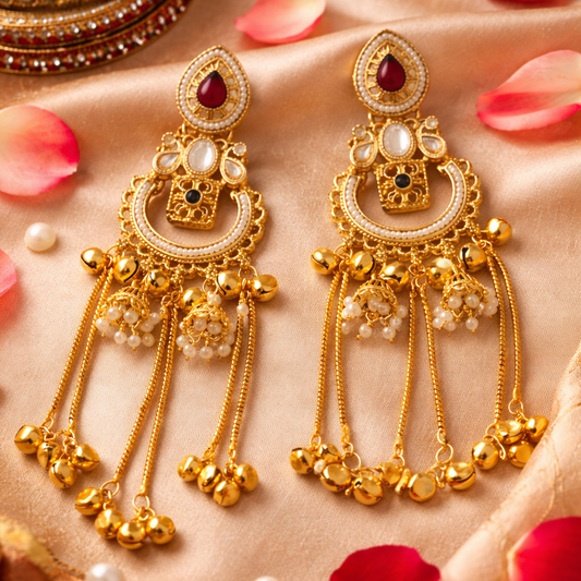Mrinmayi Gold Plated Kundan Chandbali Long Earrings for Women with Red Stone & Pearl Tassels