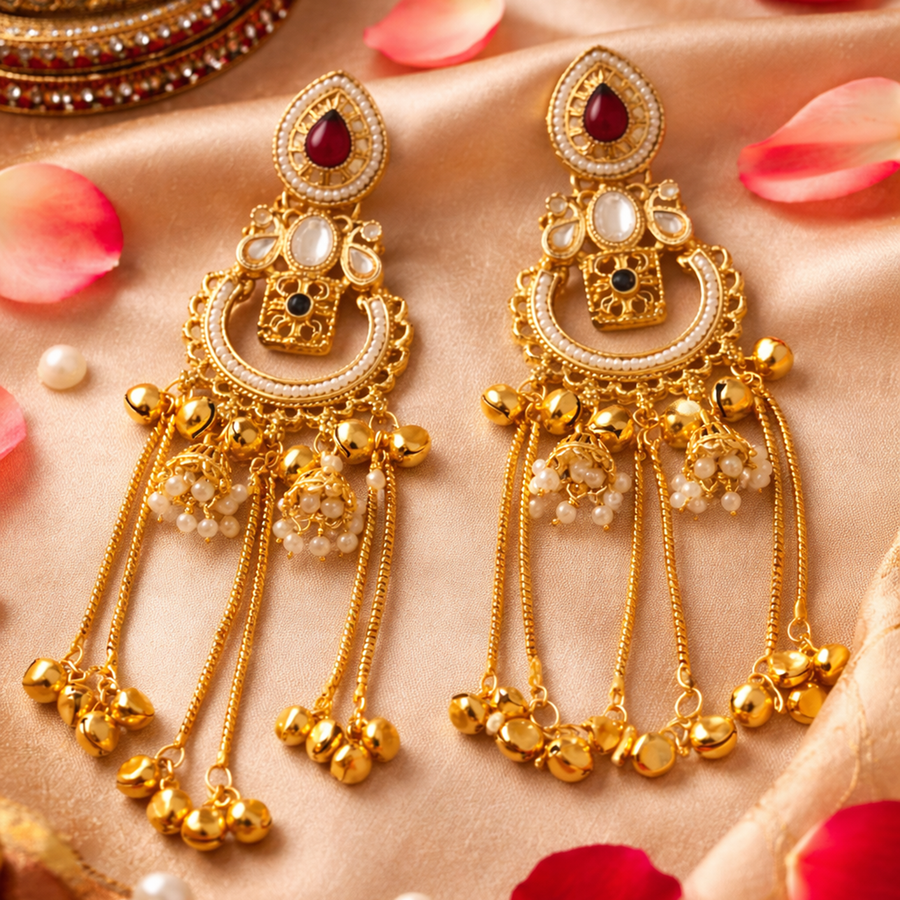 Mrinmayi Gold Plated Kundan Chandbali Long Earrings for Women with Red Stone & Pearl Tassels