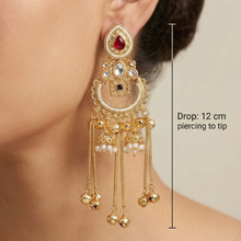 Mrinmayi Gold Plated Kundan Chandbali Long Earrings for Women with Red Stone & Pearl Tassels
