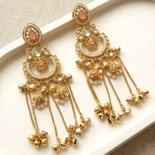 Mrinmayi Traditional Indian Gold Plated Pink Long Earrings for Women