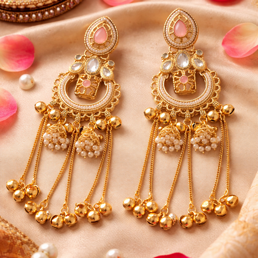 Mrinmayi Traditional Indian Gold Plated Pink Long Earrings for Women