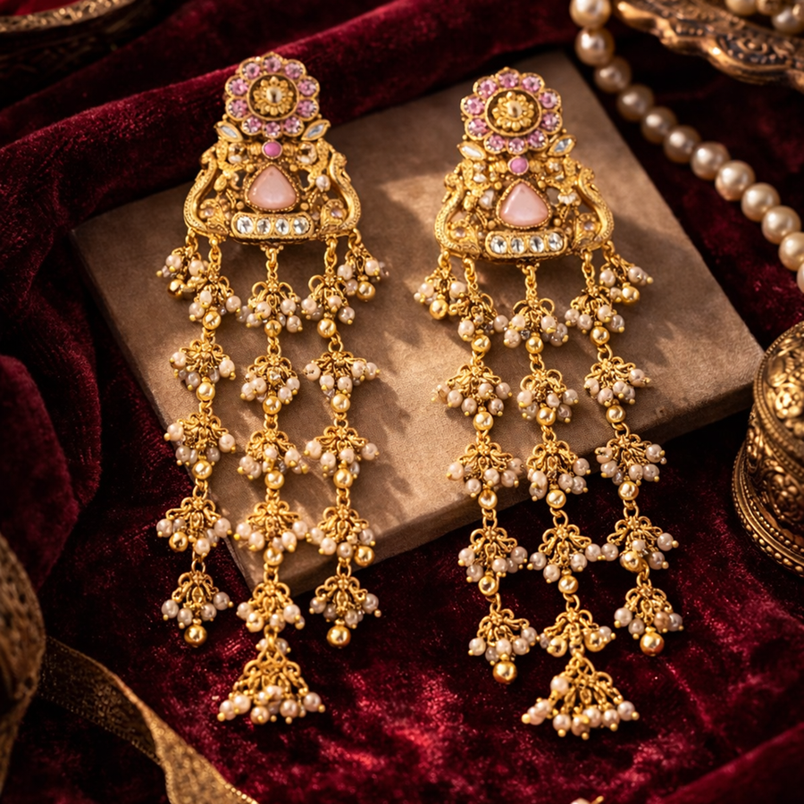 Mrinmayi Gold Plated Pink Jhumka Earrings for Women & Girls