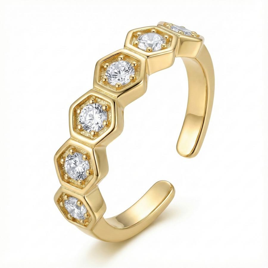 Mrinmayi Gold-Plated Hexagon CZ Adjustable Ring for Women