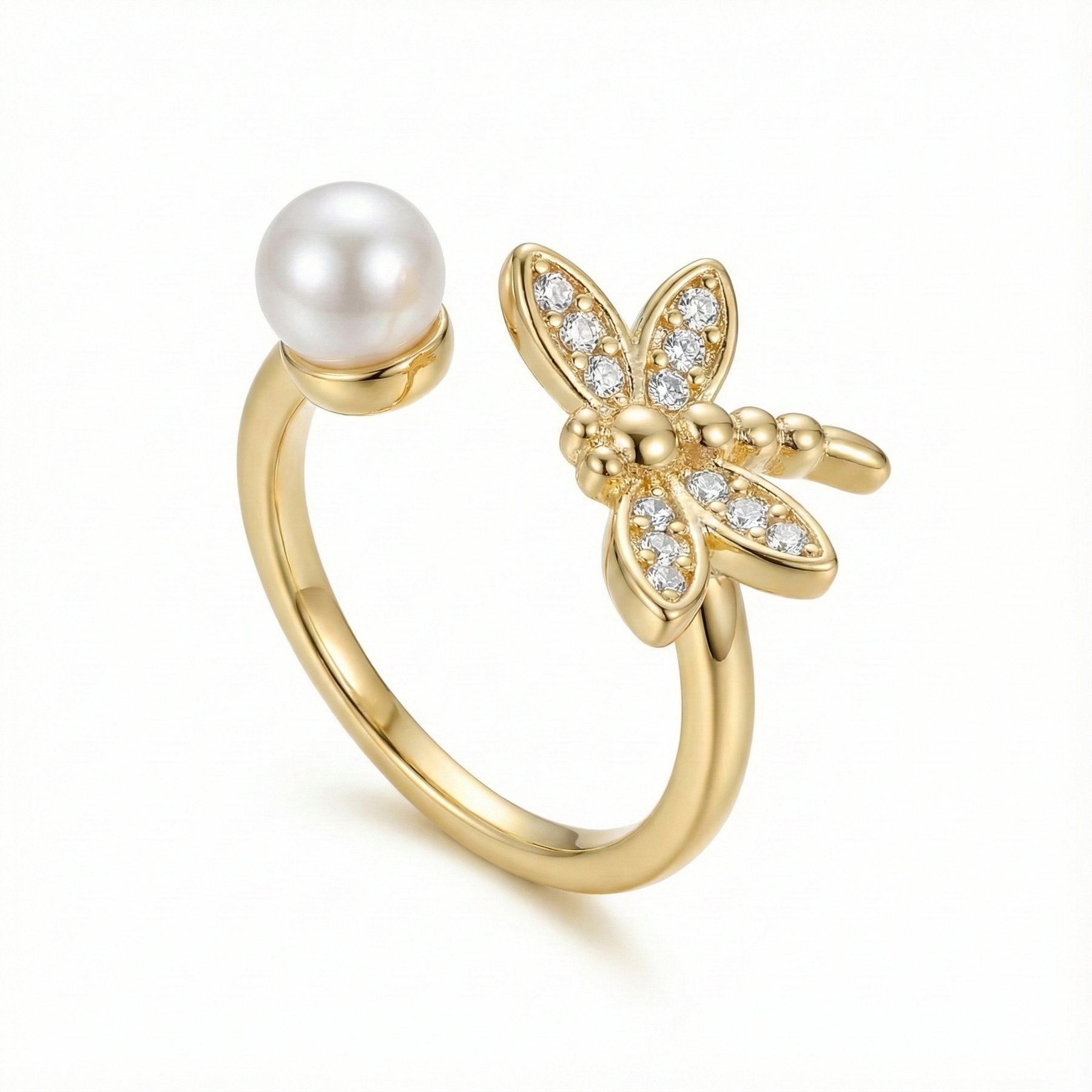 Mrinmayi Gold-Plated Pearl & Butterfly CZ Adjustable Ring for Women