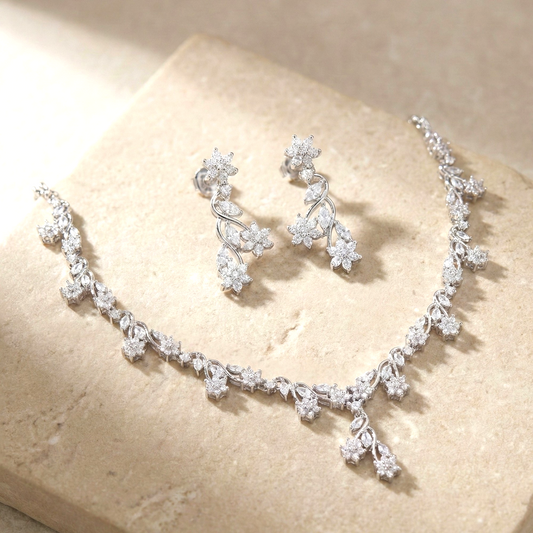 Delicate Floral Vine Diamond Necklace & Earrings Set – Silver CZ Romantic Bridal Jewelry