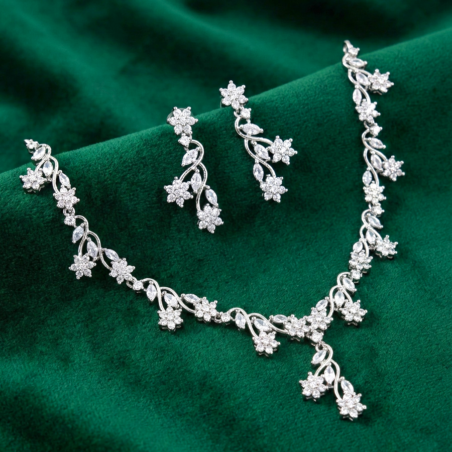 Delicate Floral Vine Diamond Necklace & Earrings Set – Silver CZ Romantic Bridal Jewelry