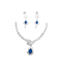 Blue Teardrop Diamond Necklace & Earrings Set in Silver | 12cm Bridal Jewelry with Sapphire Blue Stone