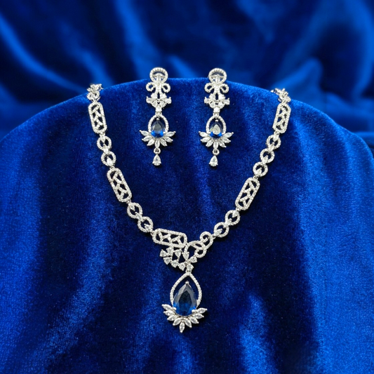 Blue Teardrop Diamond Necklace & Earrings Set in Silver | 12cm Bridal Jewelry with Sapphire Blue Stone