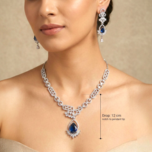 Blue Teardrop Diamond Necklace & Earrings Set in Silver | 12cm Bridal Jewelry with Sapphire Blue Stone