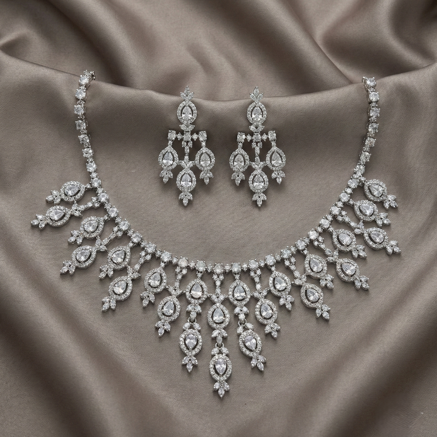 Heavy Chandelier Diamond Necklace Set with 45cm Drop | Luxury Bridal Statement Jewelry